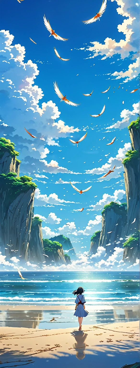 Well detailed anime landscape, The 100 series poster style with people falling from the sky, Os 100, people falling to the sky, beautiful horizon on the beach, floating wing feathers
 falling seen from afar, clouds, small with brush strokes, serene sky anime nature wallpaper, anime beautiful scene, beautiful anime peace scene, Makoto Shinkai Cyril Rolando, beautiful anime scene, amazing wallpaper, wallpaper anime art 8k, anime background, anime art background, anime 4k wallpaper, anime art 4k wallpaper, anime art 4k wallpaper,