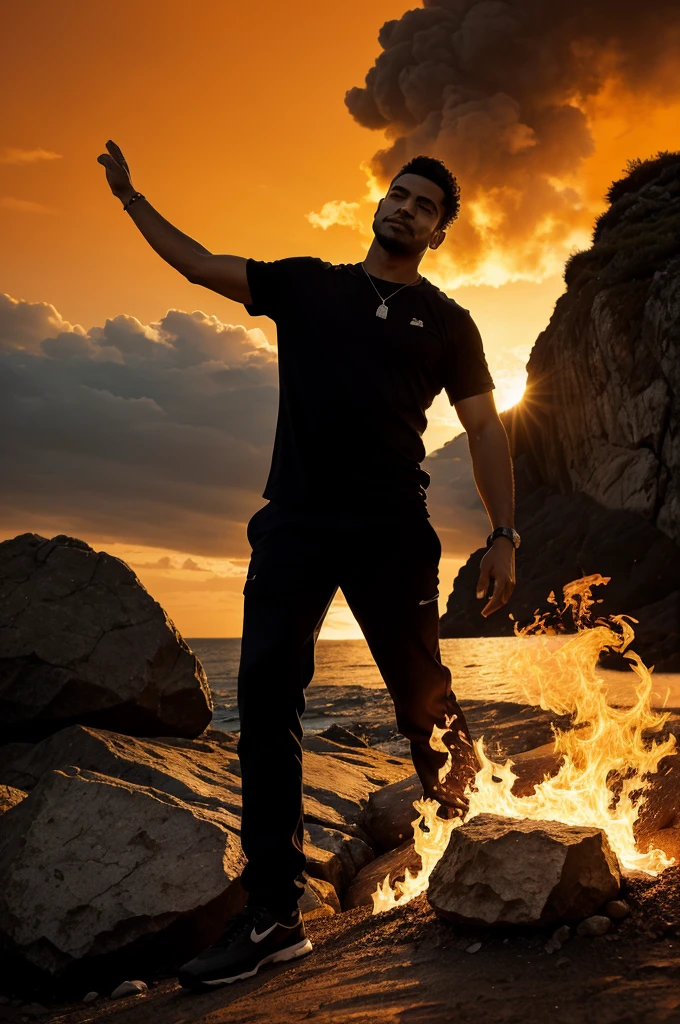 a man is standing upon a rock and his hand is raised, an orange coloured background like fire and the man and rock is black colour in front side