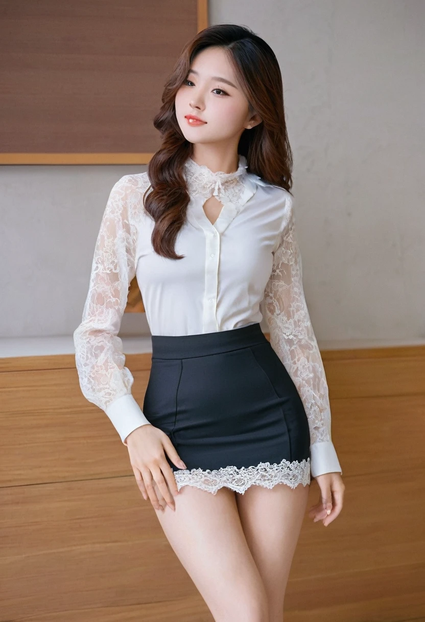 Masterpiece, (((full body photo))) Thai girl, 15 years old, tight-fitting shirt with wide neckline, short skirt showing lace panties, (most realistic photo), sexy, extremely arffi Giant breasts (very rounded curves), hips expanding (large), oily, juicy skin, sharpness level 32k,
