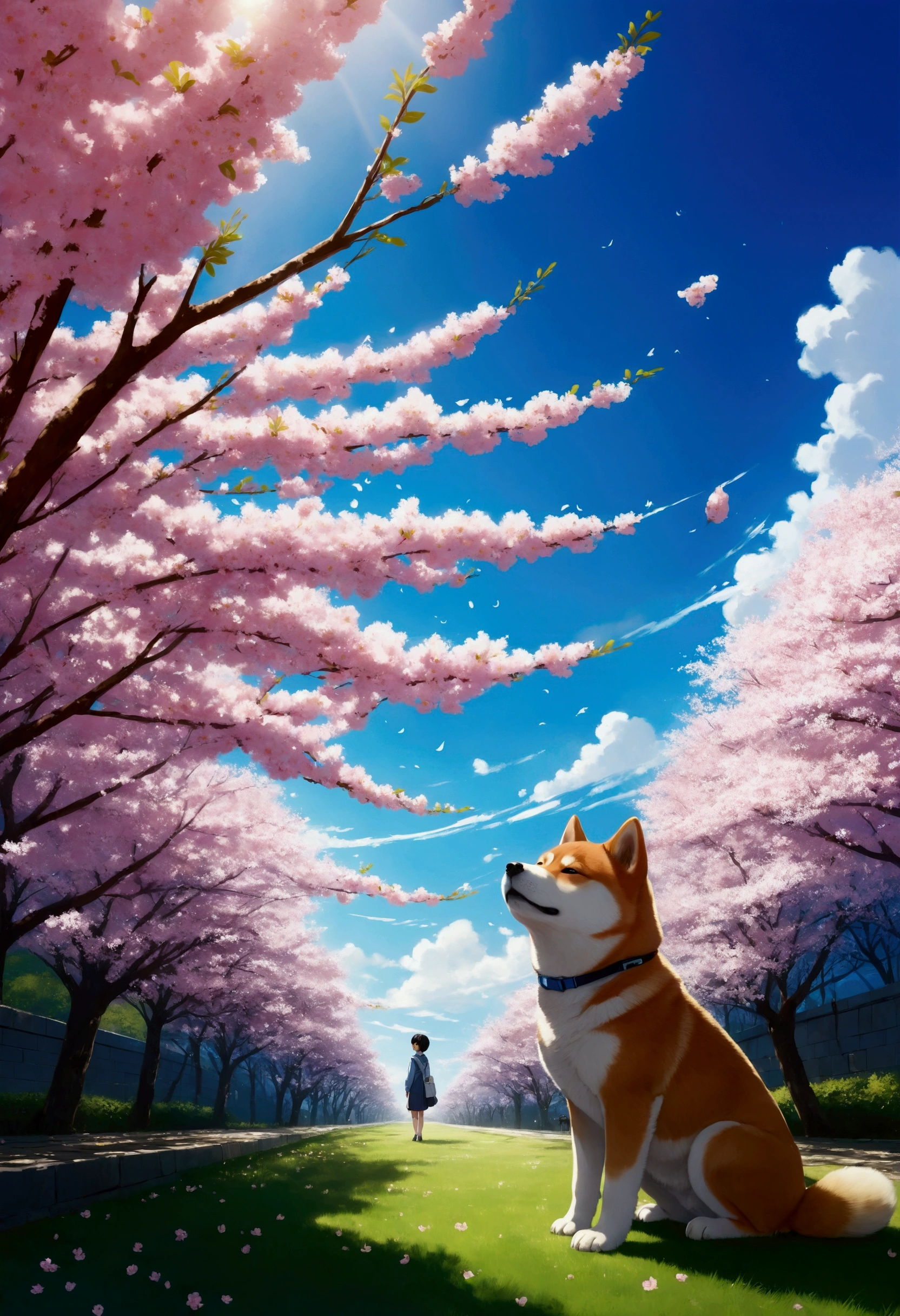 Makoto Shinkai Taste, Beautiful blue sky, Shiba Inu puppy enjoying cherry blossom viewing, ,Wide angle、