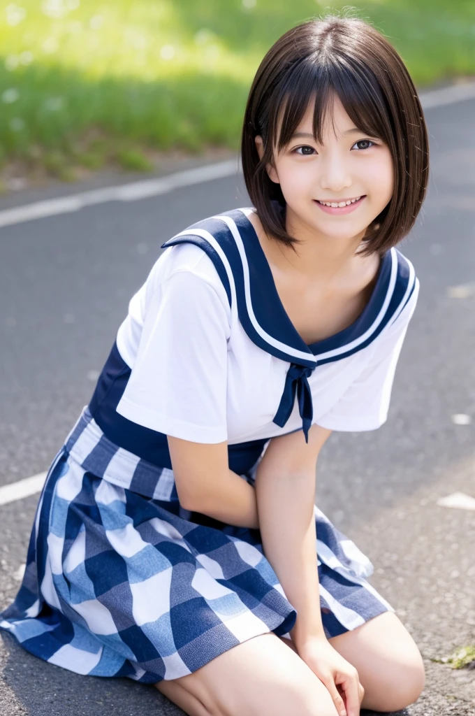 8K,masterpiece,Japanese,10-year-old girl,from the front,smile,cute,Innocent face,Innocent,Kind eyes,Childish,Plain white t-shirt,Short sleeve,Blue checked short skirt,semi-long,Hair blowing in the wind,Black Hair,Somewhat strong wind,noon,bright,Sitting、M-shaped feet, (Large Breasts:1.2),Gravure idol pose,(Emphasize the chest:1.2)