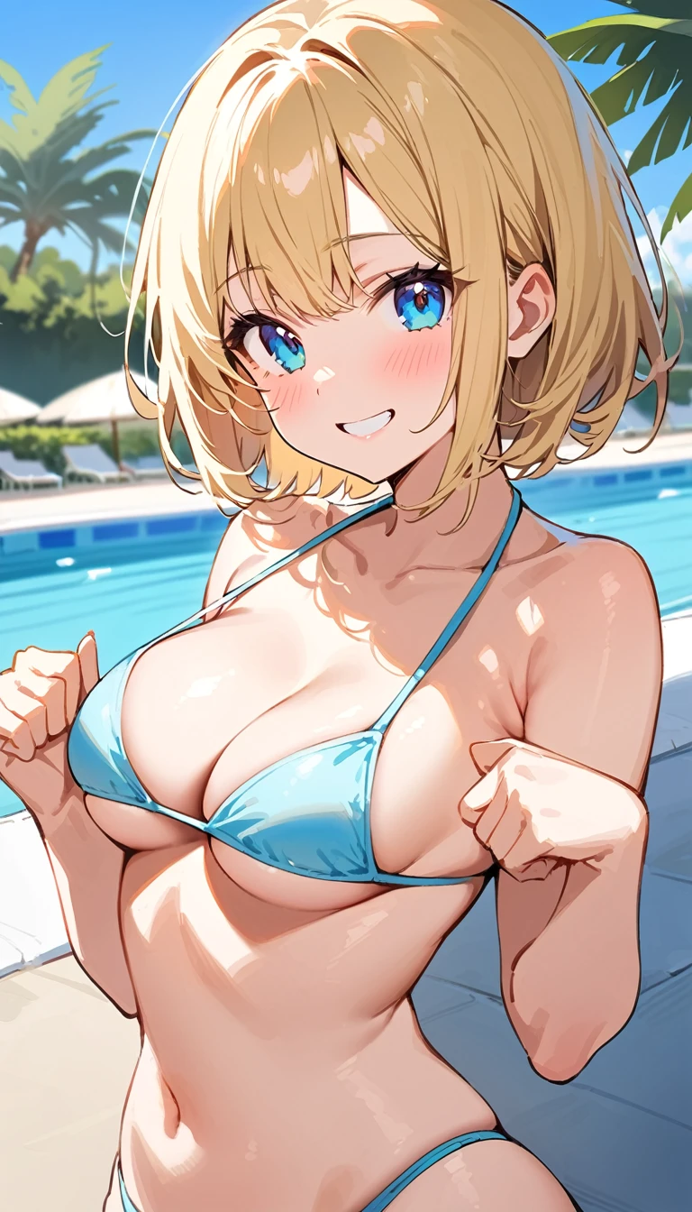 Highest quality、masterpiece、(1 adult female:1.3)、(Soft Bust:1.2)、nature 、Cleavage、(In close range:1.2)、Chest thrust pose、(Thin and simple small bikini swimsuit:1.2)、(White highlight in pupil:1.2)、(Blonde)、grin,(Brat:1.3),(Look at the viewers:1.2)、Textured skin、(smile)、blush、(Blue summer sky:1.3)、(Avoid the background around the upper body:1.3)、(Blur the background a lot to make the woman stand out:1.3)、(Beautiful background of beach pool:1.3)