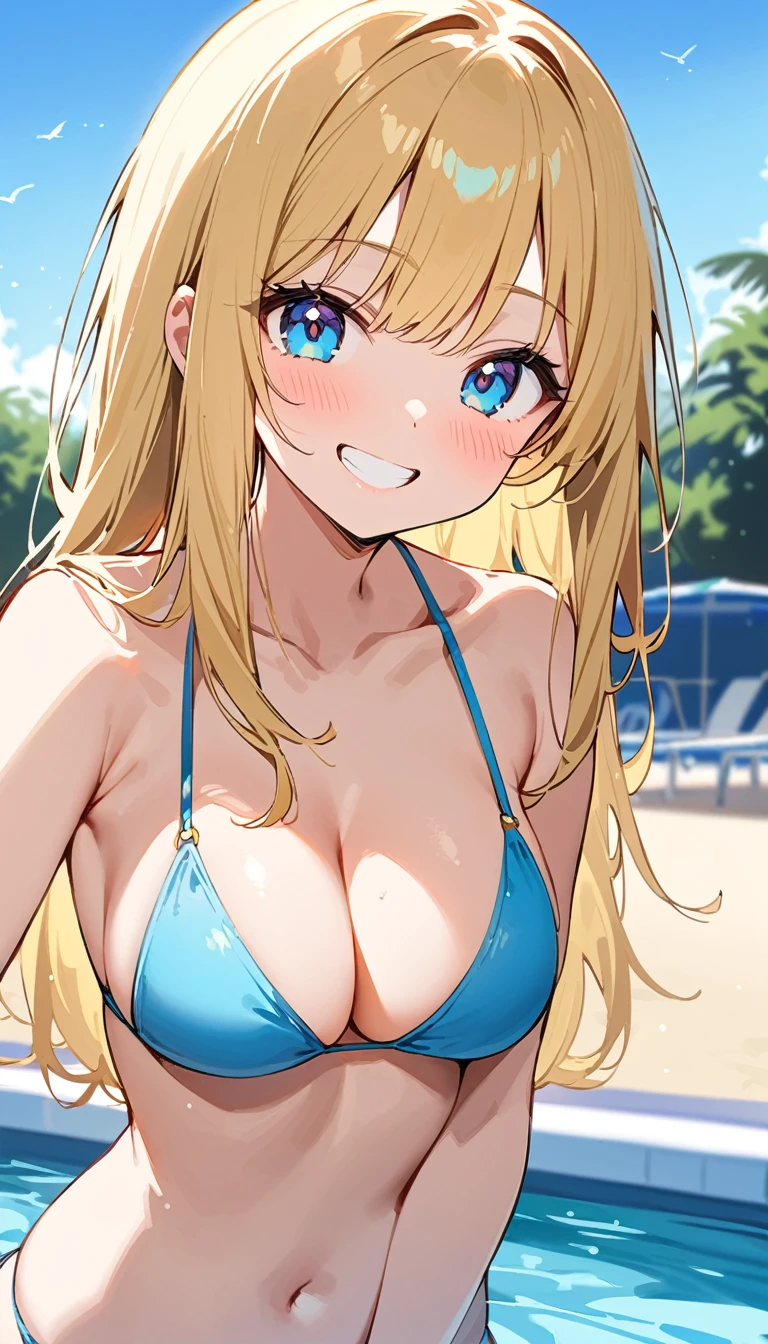 Highest quality、masterpiece、(1 adult female:1.3)、(Soft Bust:1.2)、nature 、Cleavage、(In close range:1.2)、Chest thrust pose、(Thin and simple small bikini swimsuit:1.2)、(White highlight in pupil:1.2)、(Blonde)、grin,(Brat:1.3),(Look at the viewers:1.2)、Textured skin、(smile)、blush、(Blue summer sky:1.3)、(Avoid the background around the upper body:1.3)、(Blur the background a lot to make the woman stand out:1.3)、(Beautiful background of beach pool:1.3)