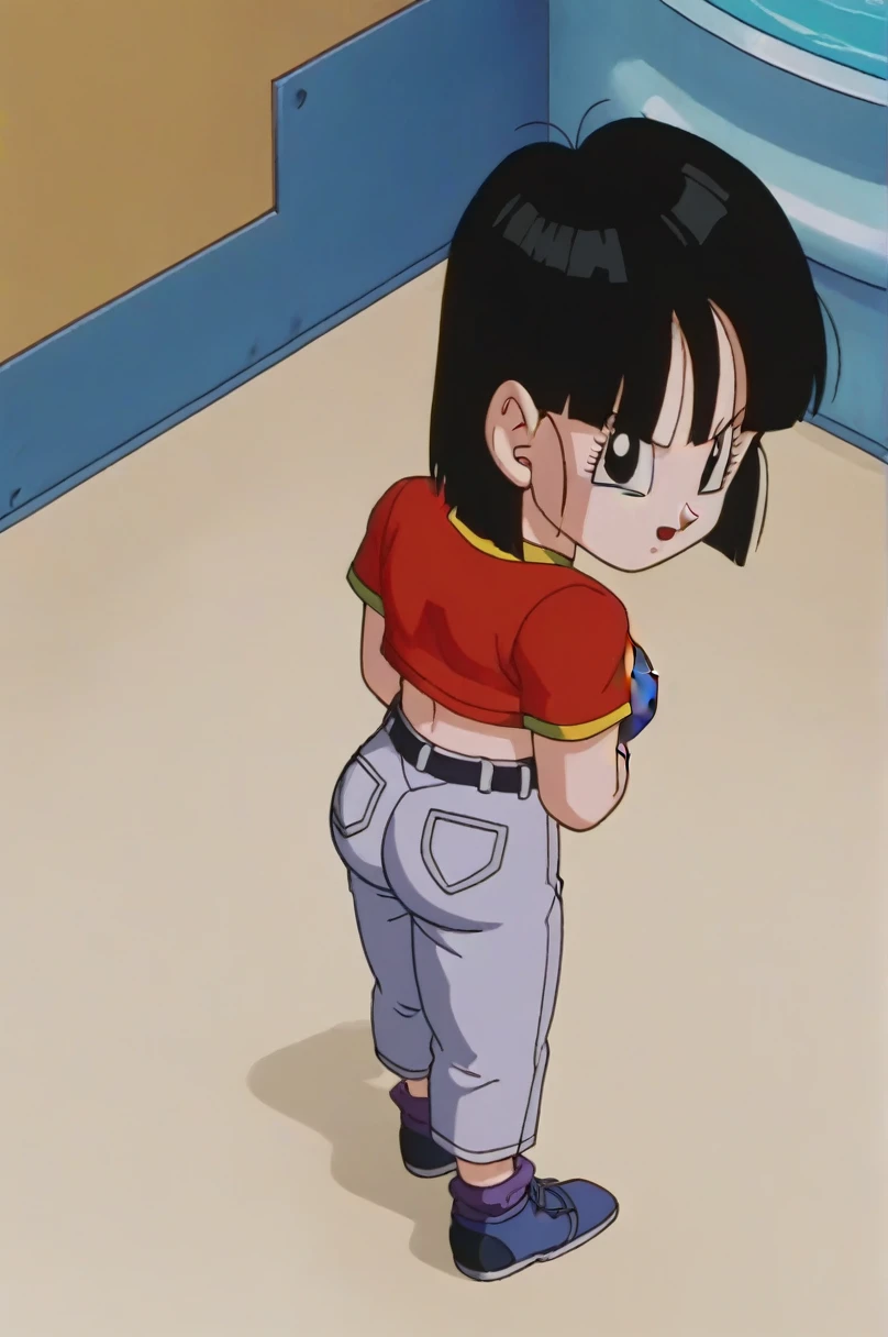 fountain_cheered up, score_9, score_8_above, score_7_above, cheered up screencap,8k, absurd resolution,
Pan \(Dragon Ball\), 1 girl, Alone, looking at the viewer, short hair, hits, black fur, session, whole body, black eyes, denim, orange scarf, retro artStyle, female , v shaped eyebrows, from below, rock, diaphragm, clavicle, 1990s \(Style\), sexy body, medium ass, medium tits, sexy ass, medium breasts, sexy bikini