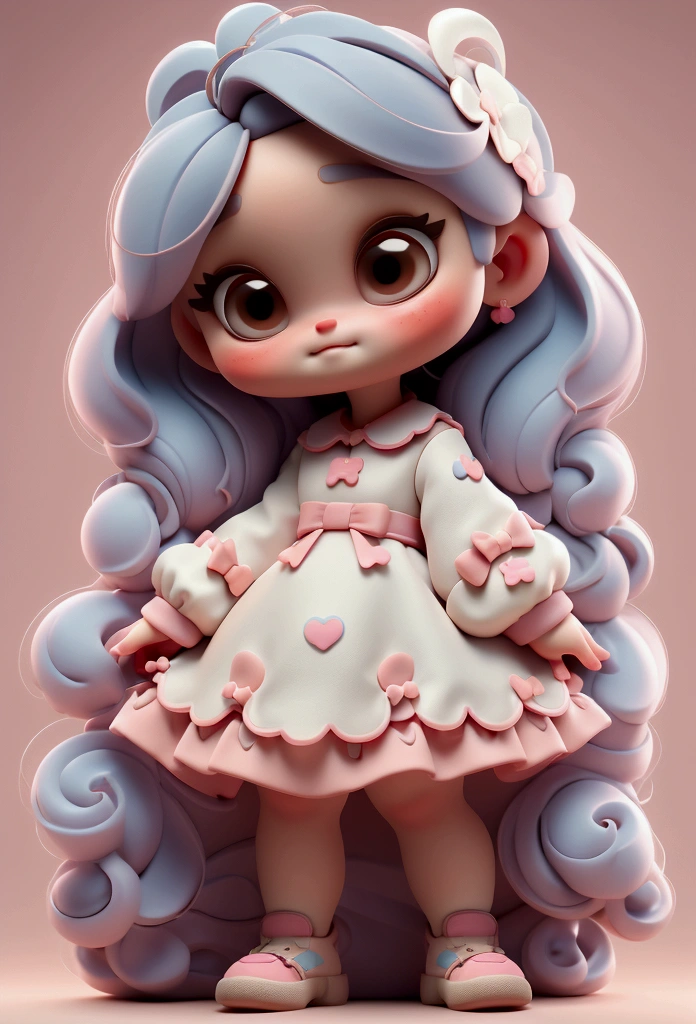 chibi baby 8k, highly detailed, beautiful girl, baby, chibi, , cover art, blue hair bow, brown long hair pink sleeve dress, white background,white shoes, balancing, optimistic, brown hair, brown hair,