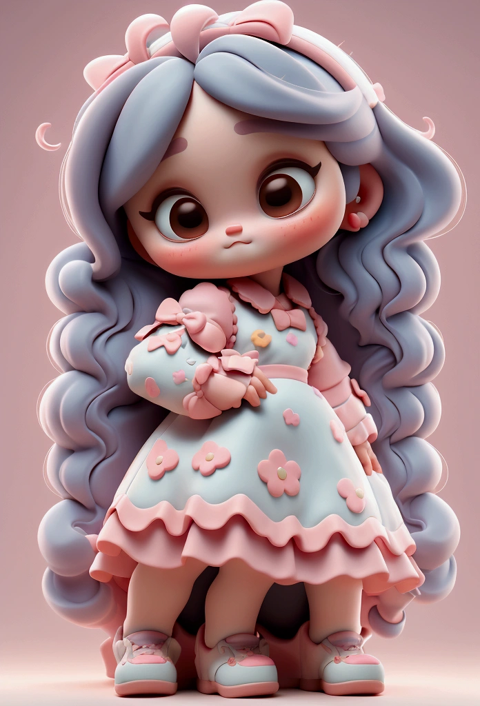 chibi baby 8k, highly detailed, beautiful girl, baby, chibi, , cover art, blue hair bow, brown long hair pink sleeve dress, white background,white shoes, balancing, optimistic, brown hair, brown hair,