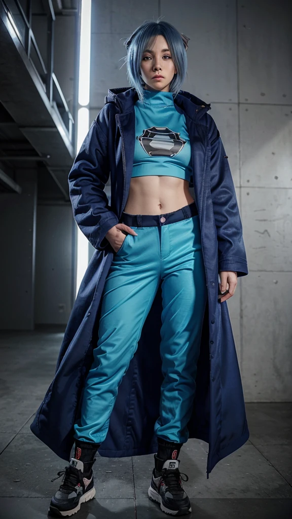 ((1 woman)), Alone, looking at the viewer, anime type blue hair, ((a giant anime type coat)),((big anime type pants)),a legendary ninja, low but intense blue eyes, (whole body), Gray background, realist, dioknigsreuter