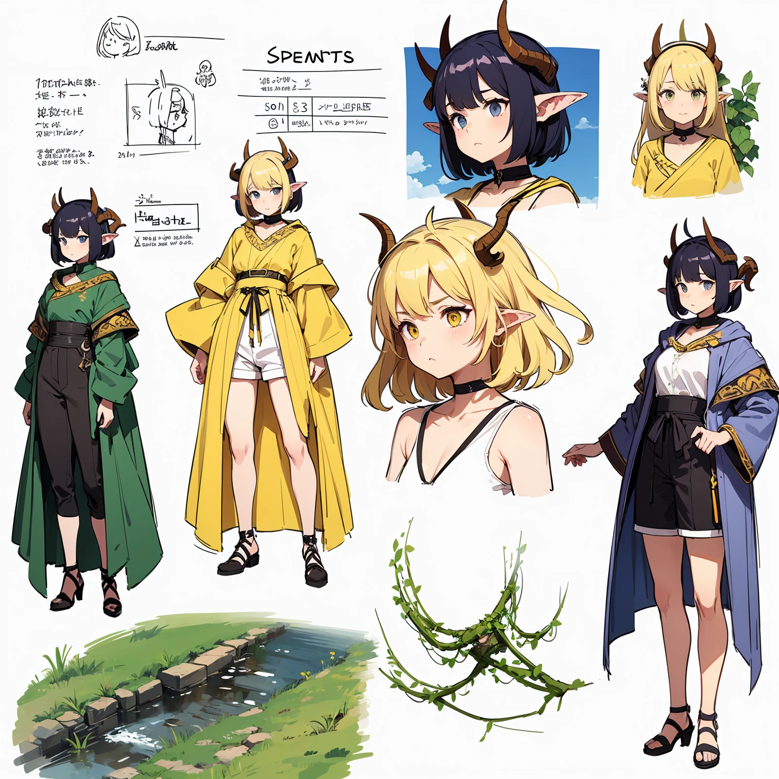 sketch (Character Design Sheet, Same characters, whole body, Three-species, Front, ~ ~ ~ side, Come back),(Very bright:1.1), White background, [1 girl:7], (tilted his head:1.2), ([sketch|watercolor \(Temperate\)]:1.15),whole body, Yellow medieval summer girl, concept, vines on the hand and horns from the vines, full length, whole body, magic hunter, White shorts, SFV