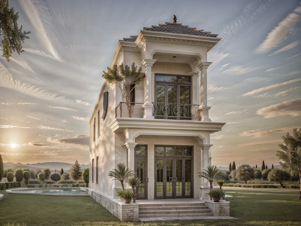 PLATFORM KTHOUSE, neoclassical villa, main materials of the villa are white walls: 1.2 and stone: 1.2, ((stone fence : 1.2)), 1 track in front of the house, (RAW photo, real, best quality, masterpiece: 1.2 ), neoclassical style, blue sky :1.3, (super realistic, actual photo:1.2), high quality, (sunrise light:1.3), perfect lighting, Archdaily, (many green trees)