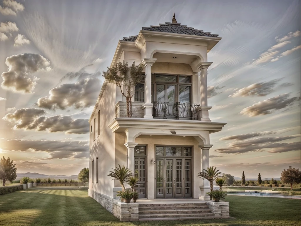 PLATFORM KTHOUSE, neoclassical villa, main materials of the villa are white walls: 1.2 and stone: 1.2, ((stone fence : 1.2)), 1 track in front of the house, (RAW photo, real, best quality, masterpiece: 1.2 ), neoclassical style, blue sky :1.3, (super realistic, actual photo:1.2), high quality, (sunrise light:1.3), perfect lighting, Archdaily, (many green trees)