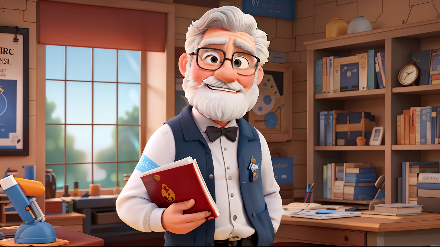 Poster not in the Disney Pixar style, high qualiy, best qualityer, white sexy man, looking 60 years old, gray hair, black beard, muscular, with experience in a scientific style room, a lover of studies