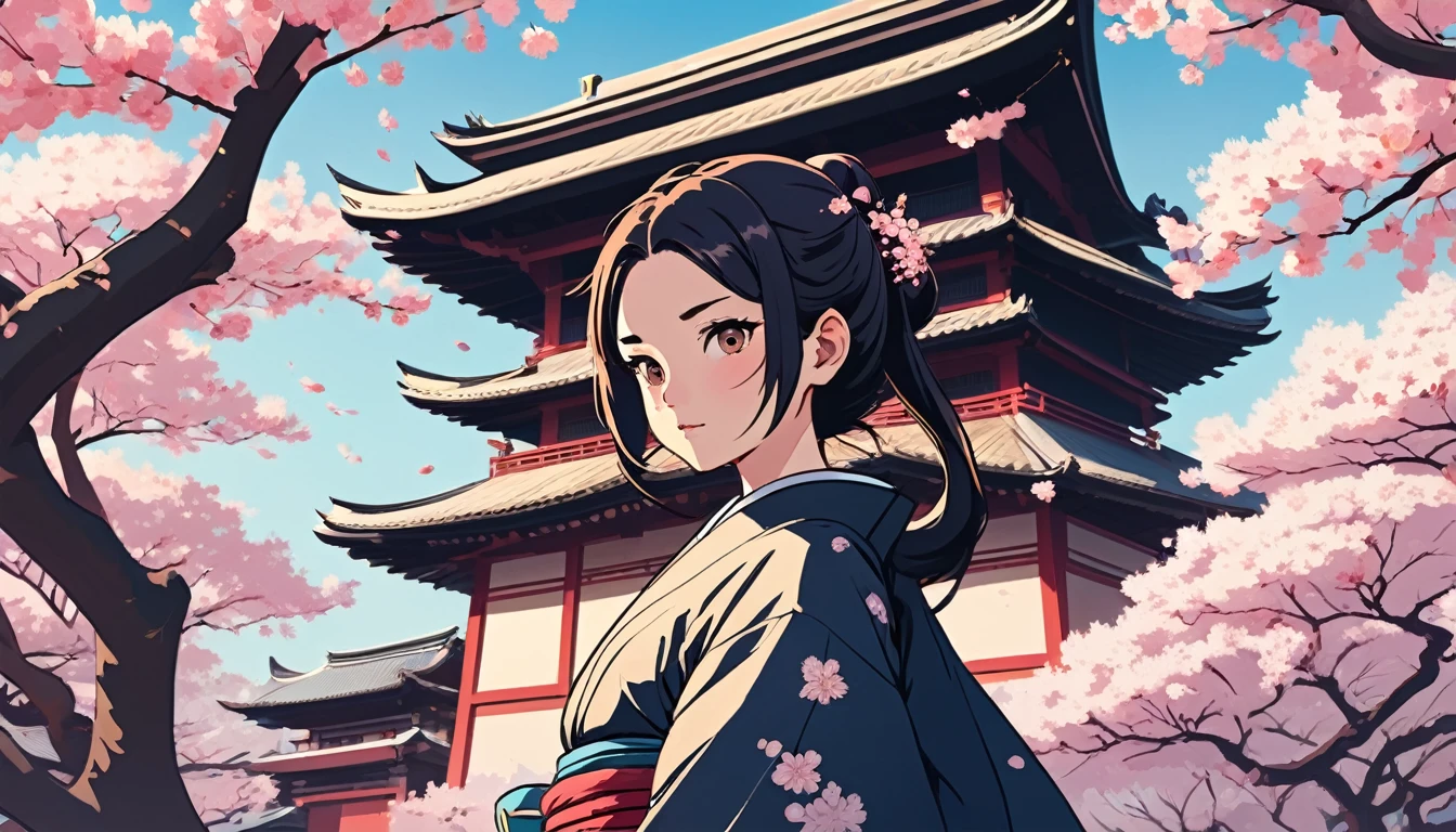 Female samurai,Background is cherry blossoms and a Japanese temple、 Wide-angle lens, Lofi Anime, Lofi illustration, Aesthetic atmosphere, Lo-Fi Style, Vector art, Flat Design, Simple shape, Warm tones, Pleasant atmosphere, Chill, In anime style, Digital drawing, Vector art, Vector logo for t-shirt printing, (Adorable:1.5), (small:1.4), (Playful:1.2), (soft:1.3), (Whimsical:1.1), masterpiece, Highest quality, 8K, Intricate details, grow, Celestial, Mysterious, Picturesque, amazing, Majestic, Magic, Fantasy art, Cover art, dream-like