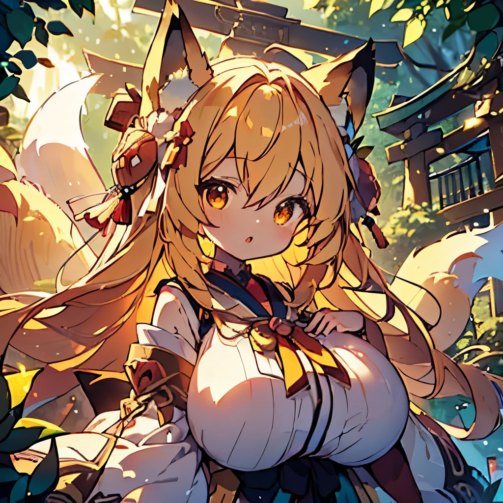 (of the highest quality:1.2),(high_resolution:1.2), Distinct_image, (Detailed background),(Fox Girl:1.5),(Loli body type:1.5),(Much larger than the body、Super huge breasts:1.5),(Her breasts are exaggerated to be several times larger than her face:1.2),(Mysterious Garden Background:1.6),Open Mouth. concept art,(One person),(looking at viewer:1.8),(dynamic angle),(Beautiful gradation:1.3),Overall dark color,upper body,up girl,Yellow Hair,(Strike a Pose),(Perspective background:1.1),Highlights on the chest,Long Hair,Peeking through the gap,(Beautiful contrast),(Clothes that are tight around the chest),(Looking up from below),torii,beautiful detailed glow,(Anime Style:1.7)