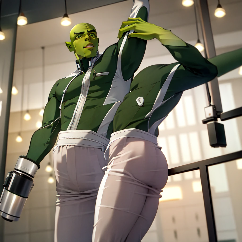 best_quality, masterpiece, highres, solo, cowboy_shot, arcology, futuristic, future_urban, indoors, bar, pub, 1boy, man, male, bald, no hair, frog face, green skin, green body, dark_eyes, pelvic curtain, sleeveless, bare_shoulders, bare_neck, bare_arms, bare_legs, bare_chest, looking_at_viewer,