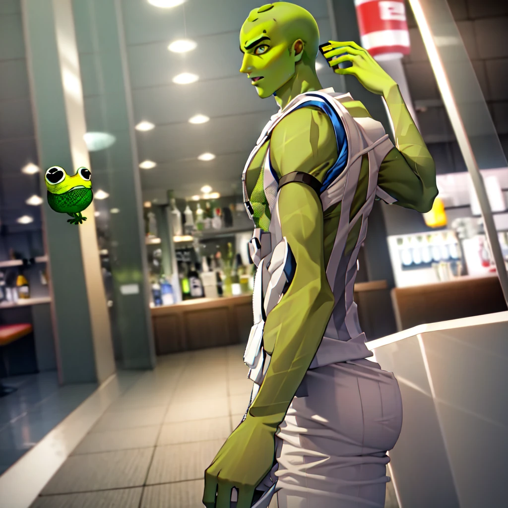 best_quality, masterpiece, highres, solo, cowboy_shot, arcology, futuristic, future_urban, indoors, bar, pub, 1boy, man, male, bald, no hair, frog face, green skin, green body, dark_eyes, pelvic curtain, sleeveless, bare_shoulders, bare_neck, bare_arms, bare_legs, bare_chest, looking_at_viewer,
