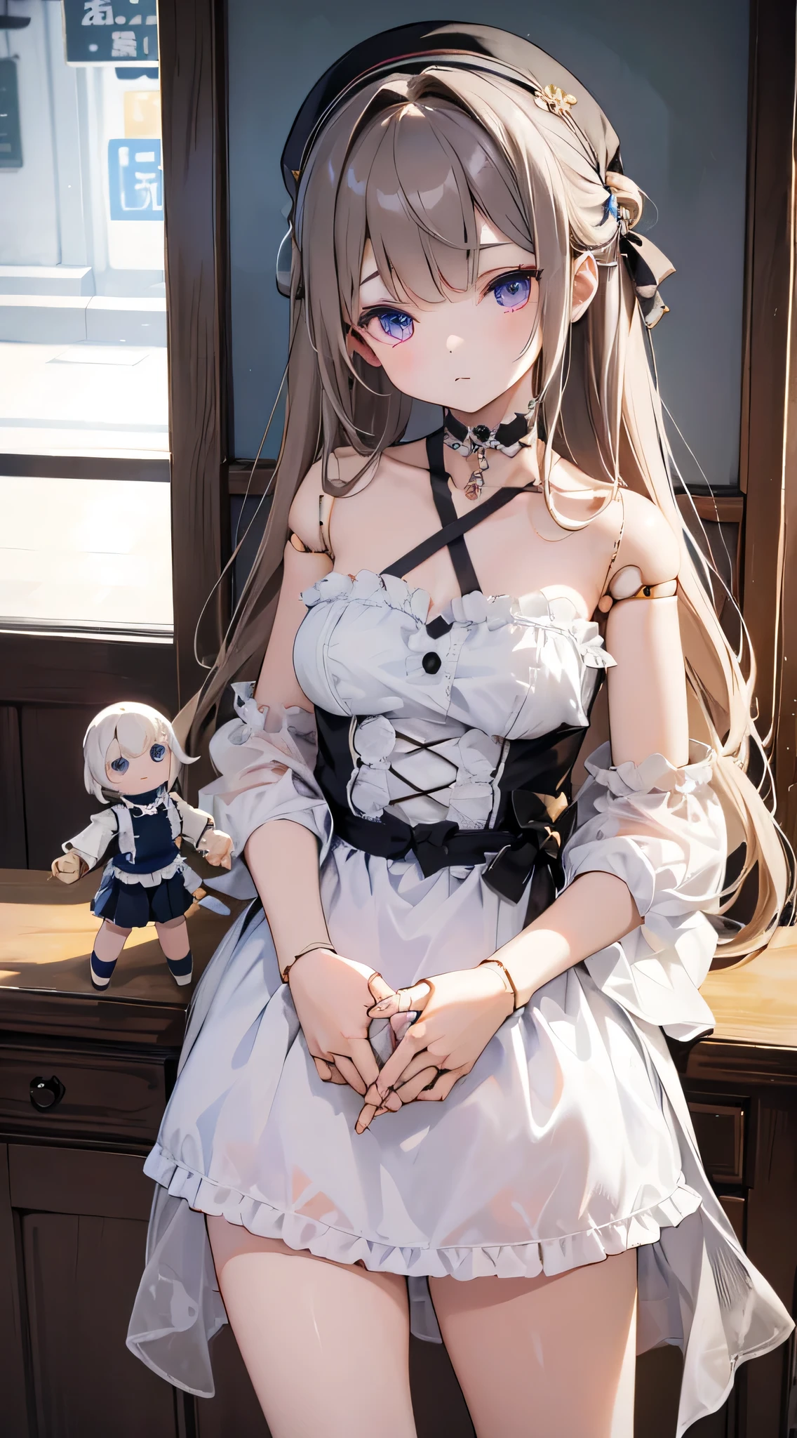 Doll girl，Puppet joints，Globular joints，Puppet joints，Puppet joints，Puppet Expression，Dull expression，Eyes without highlights，Lifeless eyes，Stiff eyes，Stiff movements，Cafe scene，Interior Scene，Bare arm，knee，arm，thigh，Close-up above the waist