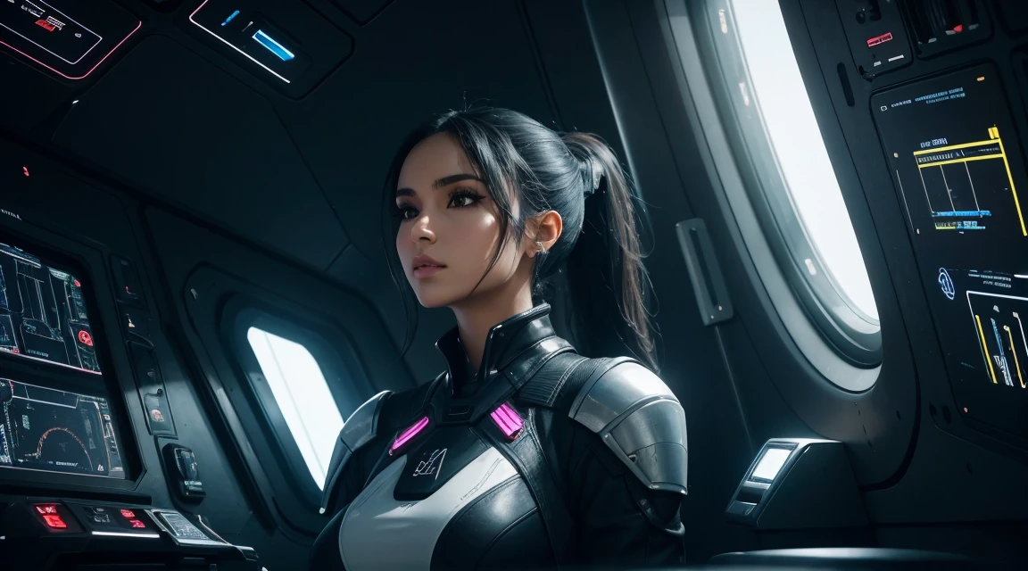 At the center, To the camera, Looking up at the audience, Near perfect, Digital Paint, Very beautiful woman "Camila Bernal", Black hair in a ponytail、Futuristic clothing, Steer the ship, Sitting in the cabin, Sit forward and travel the galaxy, High resolution, 8K, Ultra-detailed. technology, Concept Art, seed, Sharp focus, High resolution