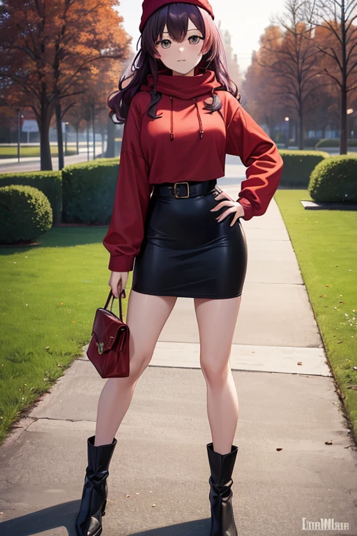 best quality, highres, beautiful woman looking at viewer, hand on hip, red hoodie, black midi pencil skirt, pencil skirt, beanie, leather boots, red scarf, full body, medium purple hair, wavy hair, garden, fall evening, tree, leaves, park