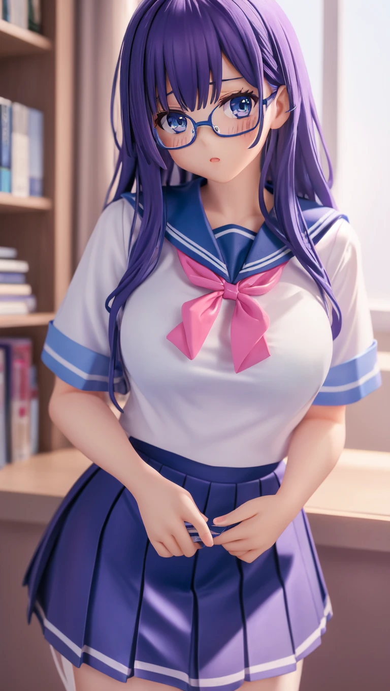 ((best quality)), ((highly detailed)), masterpiece, (detailed eyes, deep eyes), (1girl), dynamic angle, cowboy shot, mlprarity, woman, smile, looking at viewer, ((purple hair)), ((blue eyes)), naked, slight smile (indoor, classroom), uniform, pleated skirt, cardigan, white blouse, flashing breasts, ((exposed breasts, nipples)), graceful pose, removing dress, undressing, lifting skirt to reveal lace thong, panties with a bow on front, realistic proportions, woman, arched back, head tilted back,