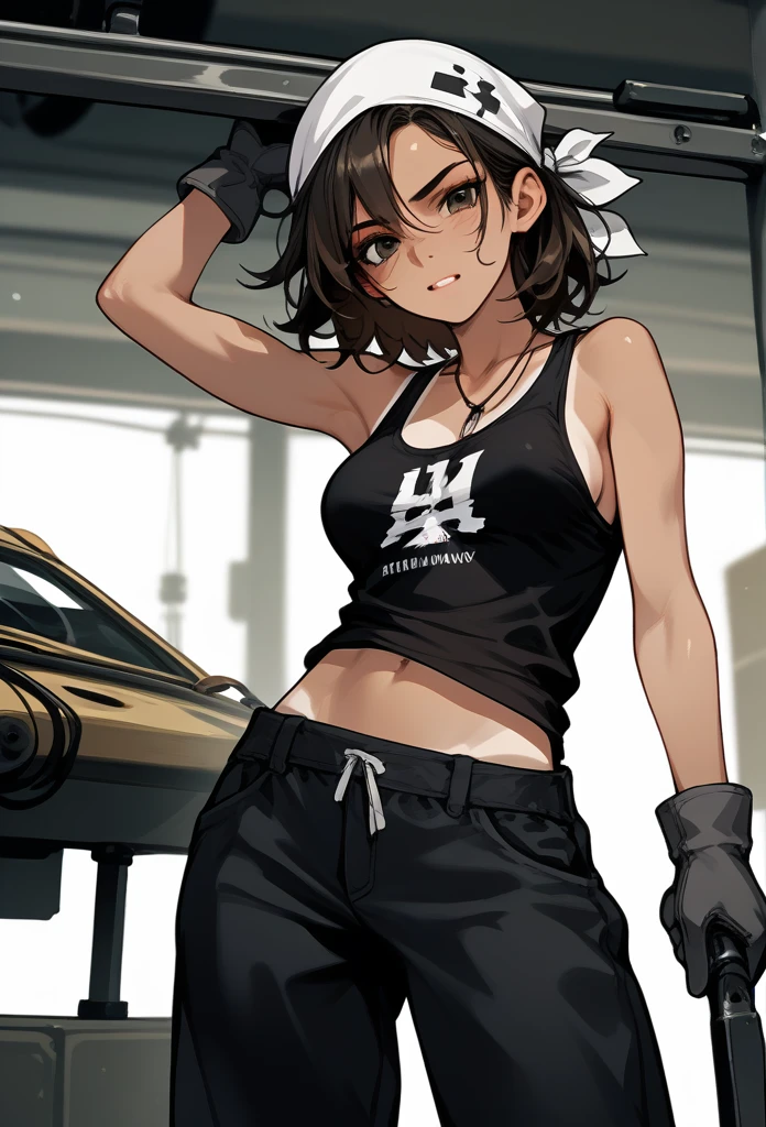masterpiece, best quality, mature woman, messy hair, black hair, brunette gradient hair color, hot face, (tomboy face), tan skin, mature body, fit body, medium breasts, mechanic gloves, stained tank top, midriff, white bandana, mechanic pants, loose pants, workshop