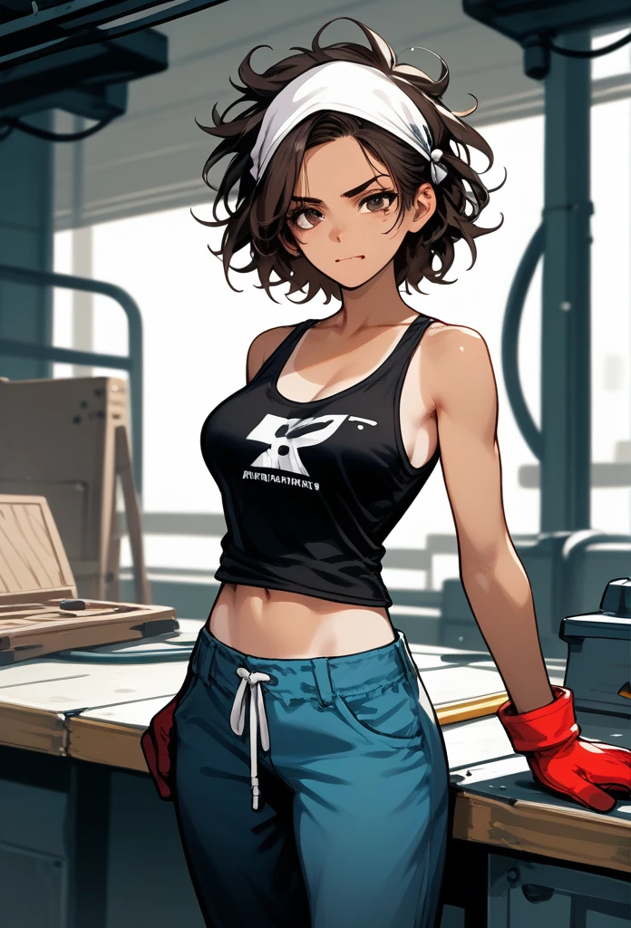 masterpiece, best quality, mature woman, messy hair, black hair, brunette gradient hair color, hot face, (tomboy face), tan skin, mature body, fit body, medium breasts, mechanic gloves, stained tank top, midriff, white bandana, mechanic pants, loose pants, workshop