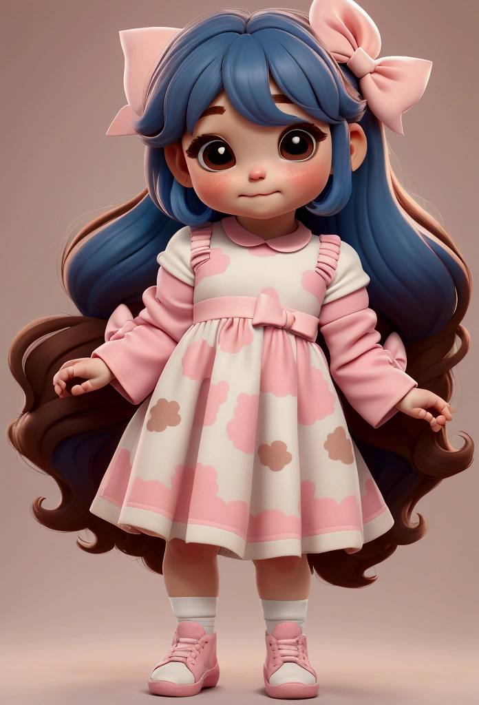 chibi baby 8k, highly detailed, beautiful girl, baby, chibi, , cover art, blue hair bow, brown long hair pink sleeve dress, white background,white shoes, balancing, optimistic, brown hair, brown hair,