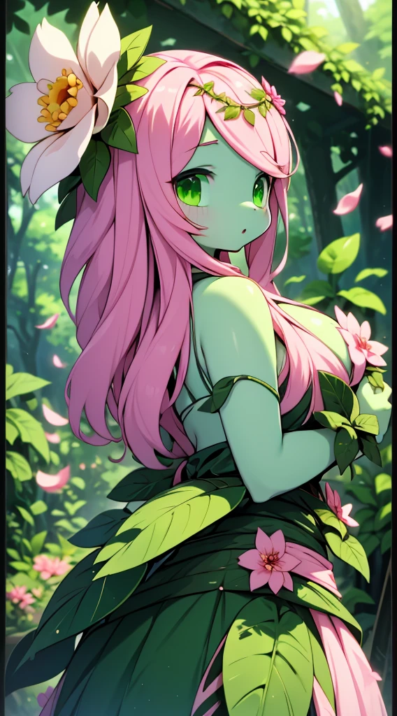 Plant Girl,Pink Hair,blade,blade decoration,Plant Girl,Plant Girl,Green Skin,Dark Skin,Green Skin,Sunbathing,Forest Background,Jungle Background,Lovely,Large Breasts,Big breasts and big buttocks,Petal costumes,Plant clothing,Petal skirt,Petal Clothes,Pink petals,Girl with flowers,Girl with vines growing on her body,alraune,Close-up shot from waist up,Upper body close-up,Petal skirt,wear a skirt,Flower Hair Card,Huge flowers,It is covered with flowers and vines