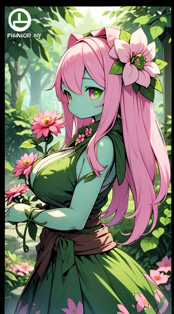 Plant Girl，Pink Hair，blade，blade decoration，Plant Girl，Plant Girl，Green Skin，Dark Skin，Green Skin，Sunbathing，Forest Background，Jungle Background，Lovely，Large Breasts，Big breasts and big buttocks，Petal costumes，Plant clothing，Petal skirt，Petal Clothes，Pink petals，Girl with flowers，Girl with vines growing on her body，alraune，Close-up shot from waist up，Upper body close-up，Petal skirt，wear a skirt，Flower Hair Card，Huge flowers，It is covered with flowers and vines