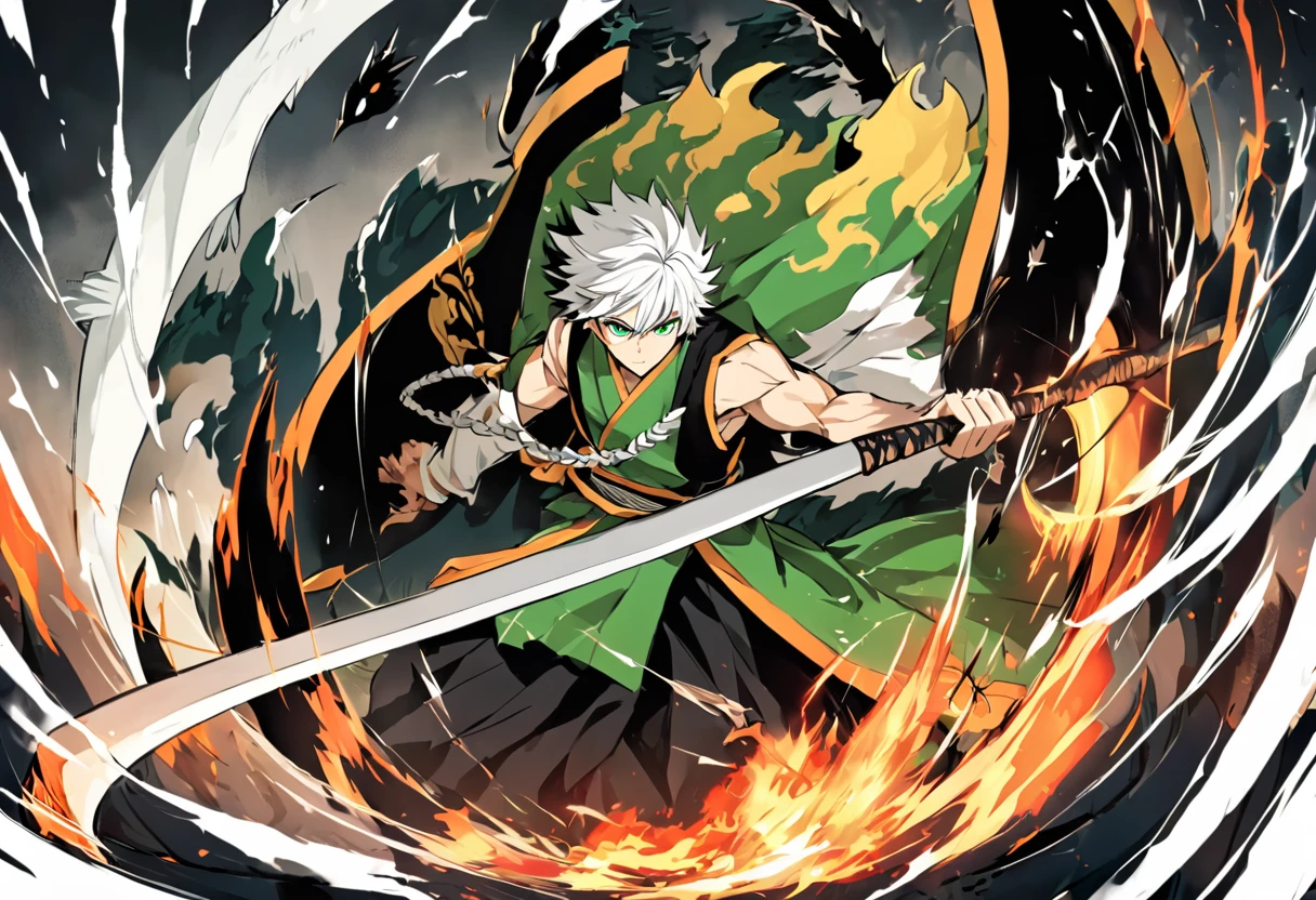 1 , foco masculino, Detalhes intrincados, 1 homem, bonito, cabelo branco, olhos verdes vibrantes, slim muscles, anime, 19 anos, 19 years, um pequeno cavanhaque, kimono de shinigami, shinigami, bleach style, bleach, regata, kimono, bleach, bleach style(kimono cor preta), (the character is releasing all his power, making his white hair swing, staring with his green eyes, releasing all his power using a powerful scythe, this scythe and his bankai form from the bleach universe, the scythe is surrounded by black flames , just like the character also has black flames around it)
.