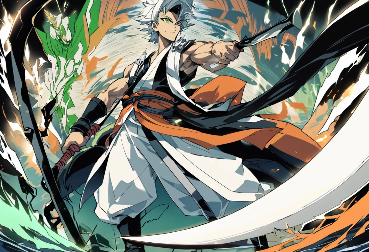 1 , foco masculino, Detalhes intrincados, 1 homem, bonito, cabelo branco, olhos verdes vibrantes, slim muscles, anime, 19 anos, 19 years, um pequeno cavanhaque, kimono de shinigami, shinigami, bleach style, bleach, regata, kimono, bleach, bleach style(kimono cor preta), (the character is releasing all his power, making his white hair swing, staring with his green eyes, releasing all his power using a powerful scythe, this scythe and his bankai form from the bleach universe, the scythe is surrounded by black flames , just like the character also has black flames around it)
.