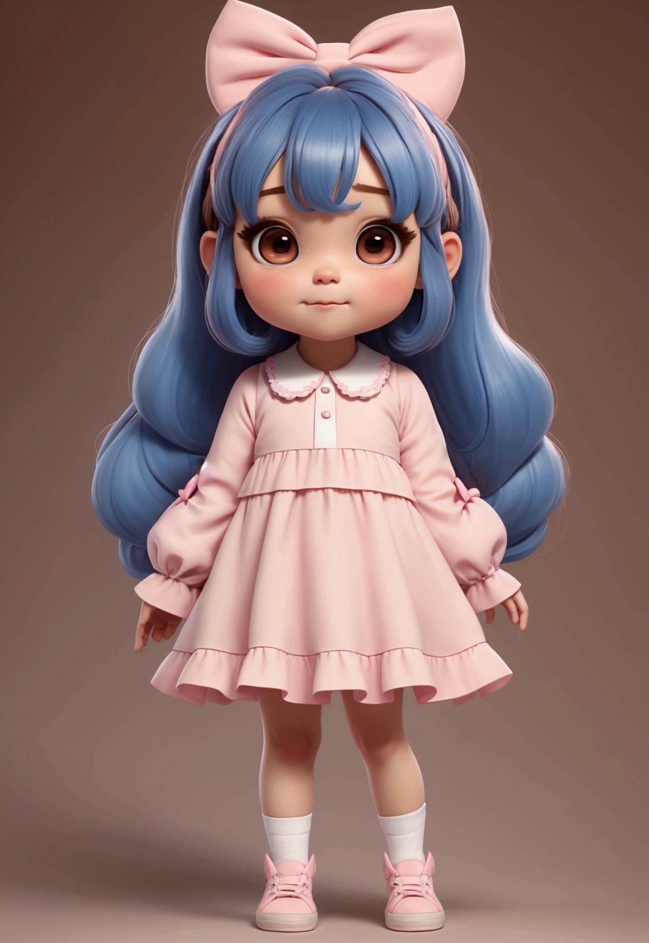 chibi baby 8k, highly detailed, beautiful girl, baby, chibi, , cover art, blue hair bow, brown long hair pink sleeve dress, white background,white shoes, balancing, optimistic, brown hair, brown hair,
