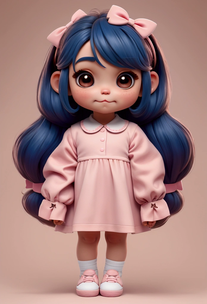 chibi baby 8k, highly detailed, beautiful girl, baby, chibi, , cover art, blue hair bow, brown long hair pink sleeve dress, white background,white shoes, balancing, optimistic, brown hair, brown hair,