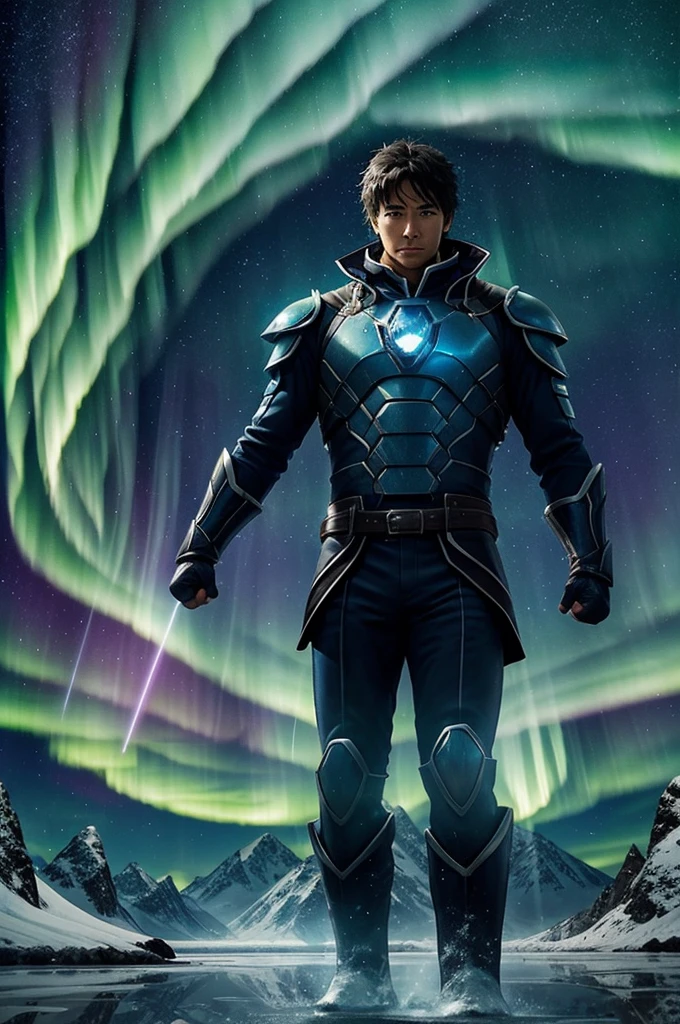 Create a cover that reflects the essence of your isekai novel, highlighting the protagonist using his special suit to channel elemental powers. Imagine a scenario with snow-capped mountains and a crystal-clear lake, where the protagonist raises a barrier of light against a colossal monster. The sky is full of northern lights and shooting stars, symbolizing the conflict between light and darkness.
