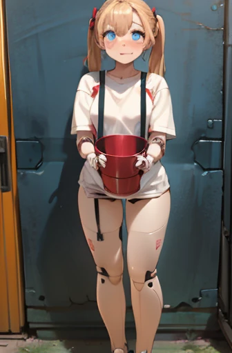 A Female mature robot loves herself. she wears nothing. Her Brown very short pigtails is tied with two big red clothespins, mature, android, blue eyes, full body, Height: 160cm, flushed cheeks, sweat bucket. full body shot, looking straight. Her smile is complete.