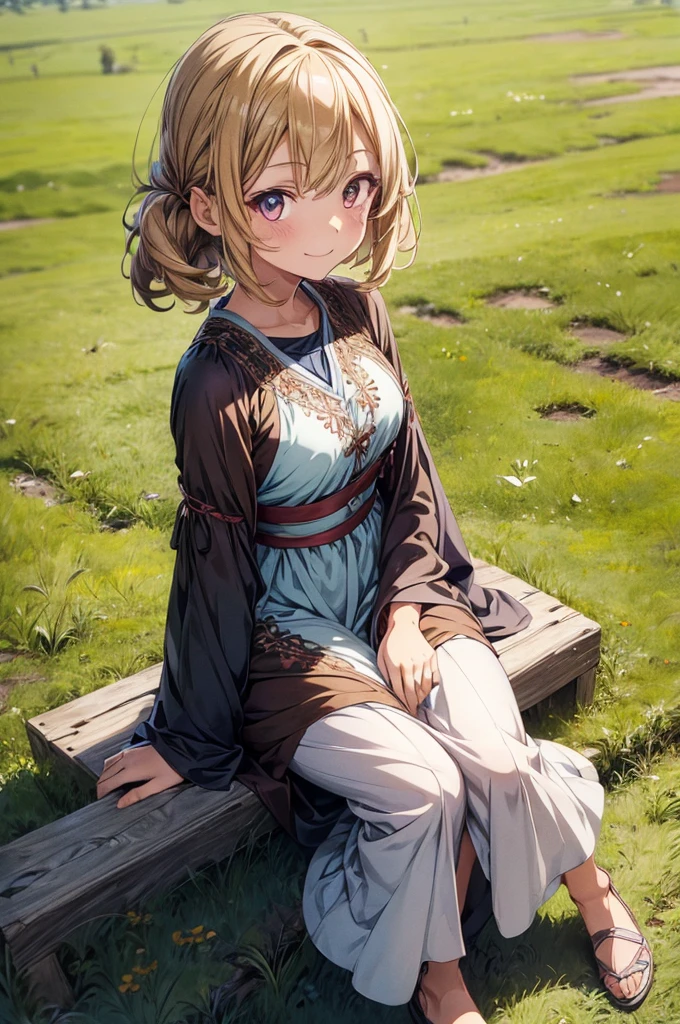 1girl,        (anime coloring:1.2),        perfect_anatomy,        best quality,        looking at viewer,        upturned eyes,        medium hair,        chestnut hair,        hairs between eyes,        feminine,        happy smile,        (Caftan:1.2),        Simple shoes,        village deep in the rye field,        Medieval village,