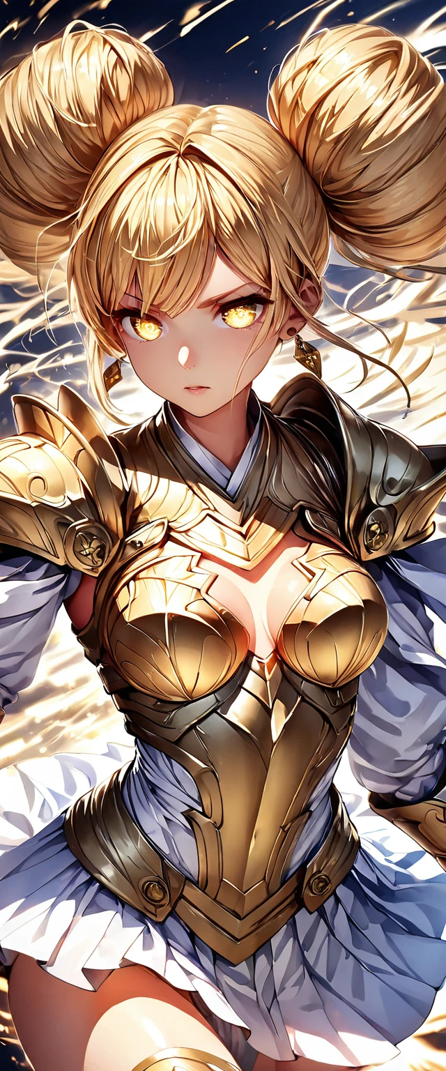 (Perfect Anatomy)、Mastepiece、Ultra High Quality、 8K、masterpiece、Highest quality、Ultra-high resolution、Maximum resolution、Very detailed、Professional Lighting、anime、woman、thin、so beautiful、Highly detailed eye、Highly detailed face、Golden earrings、Blonde, hair bun, Yellow Eyes、Detailed armor patterns、Mid-chest, goddess armor, white open mini skirt , full body, gold pattern, white super long boots, white long gloves, female martial artist, high heels, white clawed gauntlets, white cute headgear, fighting stance, gold knee armor, glowing eyes, ((Spinning kick)), fighter, fighting, Summoning thunder