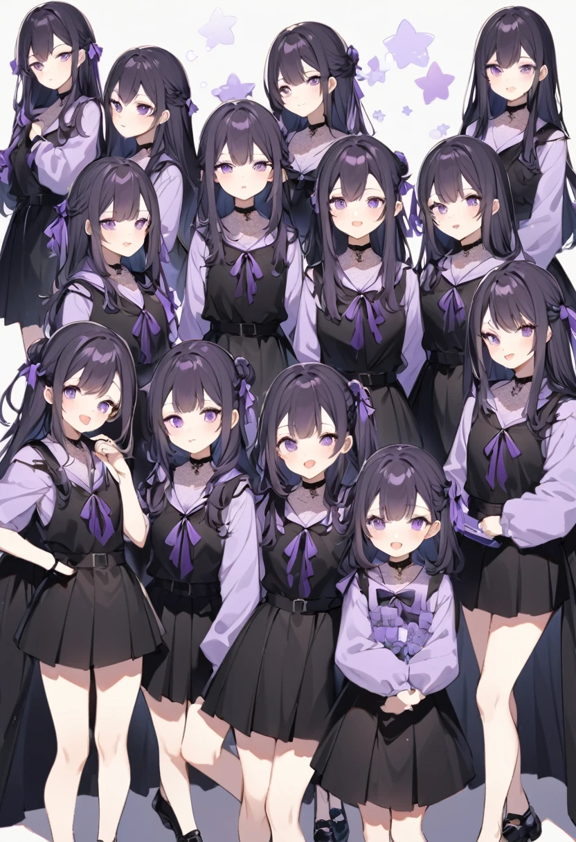 Keito。Purple hoodie。Black Skirt。Purple Eyes。Black Hair。Black shoes下。Black shoes。7 Sistery eldest daughter has lavender hair.。all female。Seven siblings。