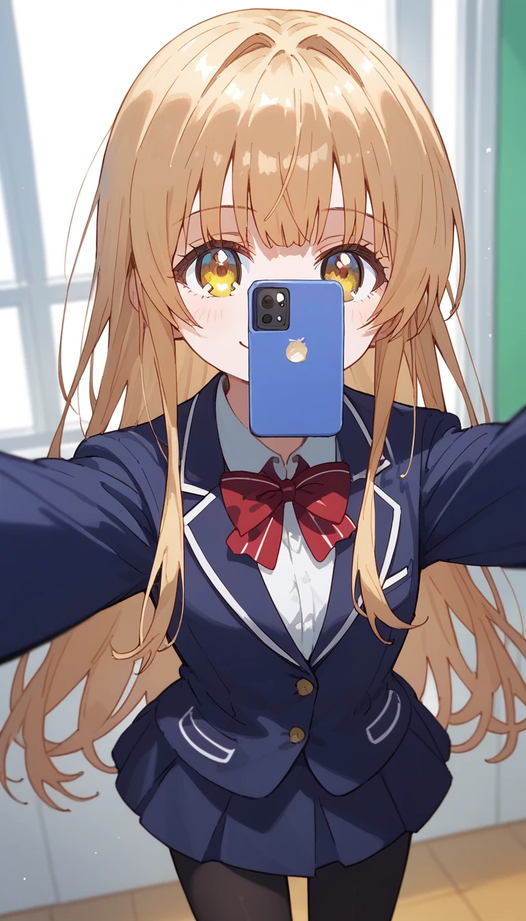 masterpiece,Ultra HD,score_4_onBREAK source_anime,可愛いanimeイラスト, masterpiece,high resolution,smile,alone,mahirushiina,One girl,Blonde,Long Hair,Selfie,Close your mouth,Blue blazer,Red bow tie,black tights,School,classroom,