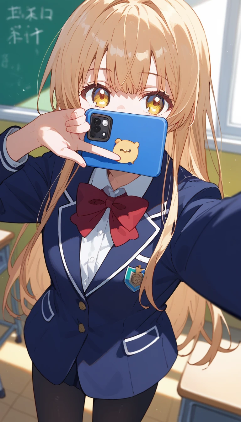 masterpiece,Ultra HD,score_4_onBREAK source_anime,可愛いanimeイラスト, masterpiece,high resolution,smile,alone,mahirushiina,One girl,Blonde,Long Hair,Selfie,Close your mouth,Blue blazer,Red bow tie,black tights,School,classroom,