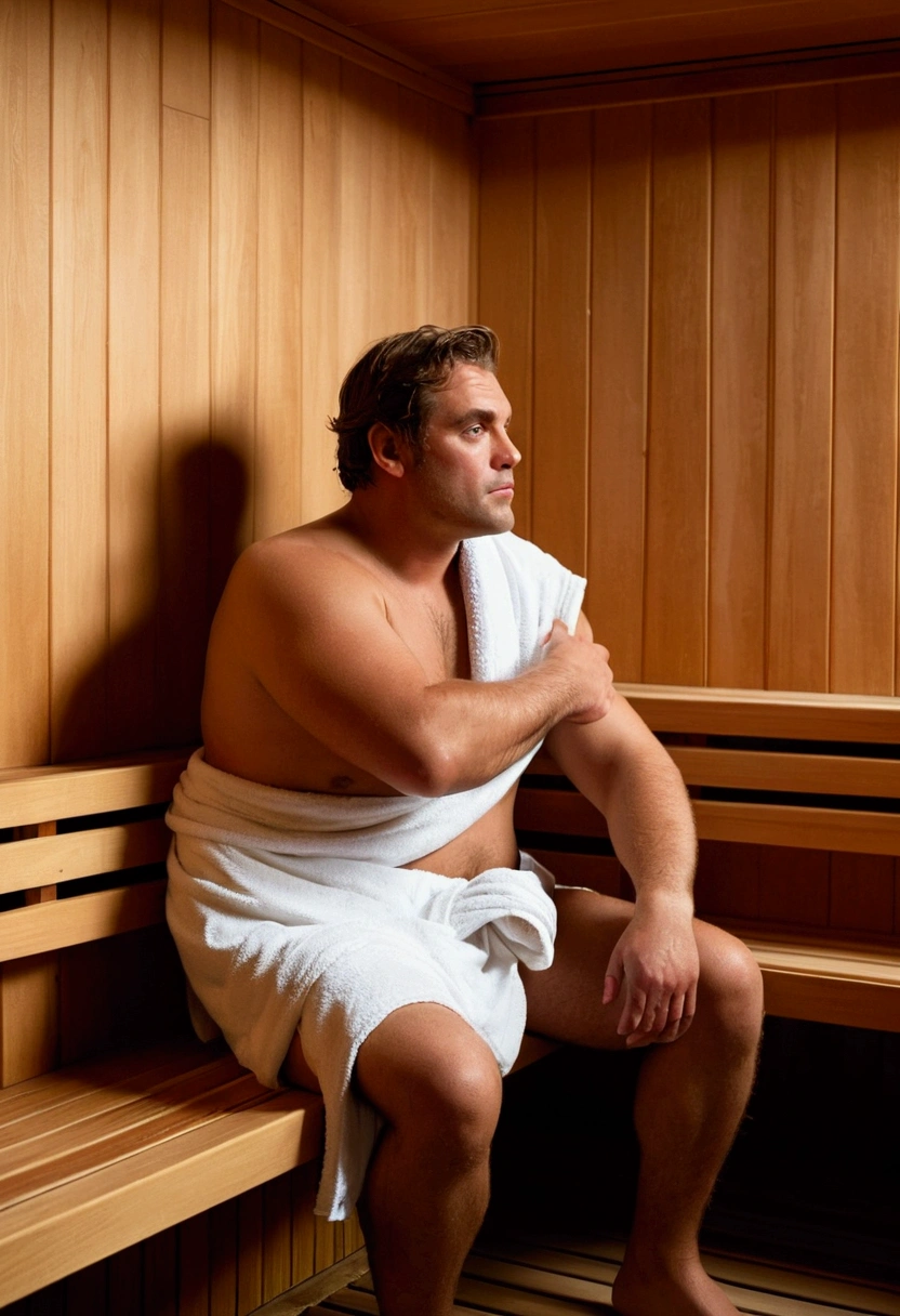 In a sauna room with wooden walls and seats, a large man was sitting comfortably with his back against the wall, his arms stretched out to his sides. He was wearing a towel wrapped around his body, looking relaxed. In the far corner of the wall, there was a  girl sitting crouched, trying to keep her distance from the strange man. The girl was wearing a towel wrapped around her body, sitting with a far corner and her eyes facing the man with an attractive look. Around them is steam creating a hazy atmosphere, typical of a sauna. The  wrapped in a scarf kept her distance from the man even though he looked young and still politely asked after her.