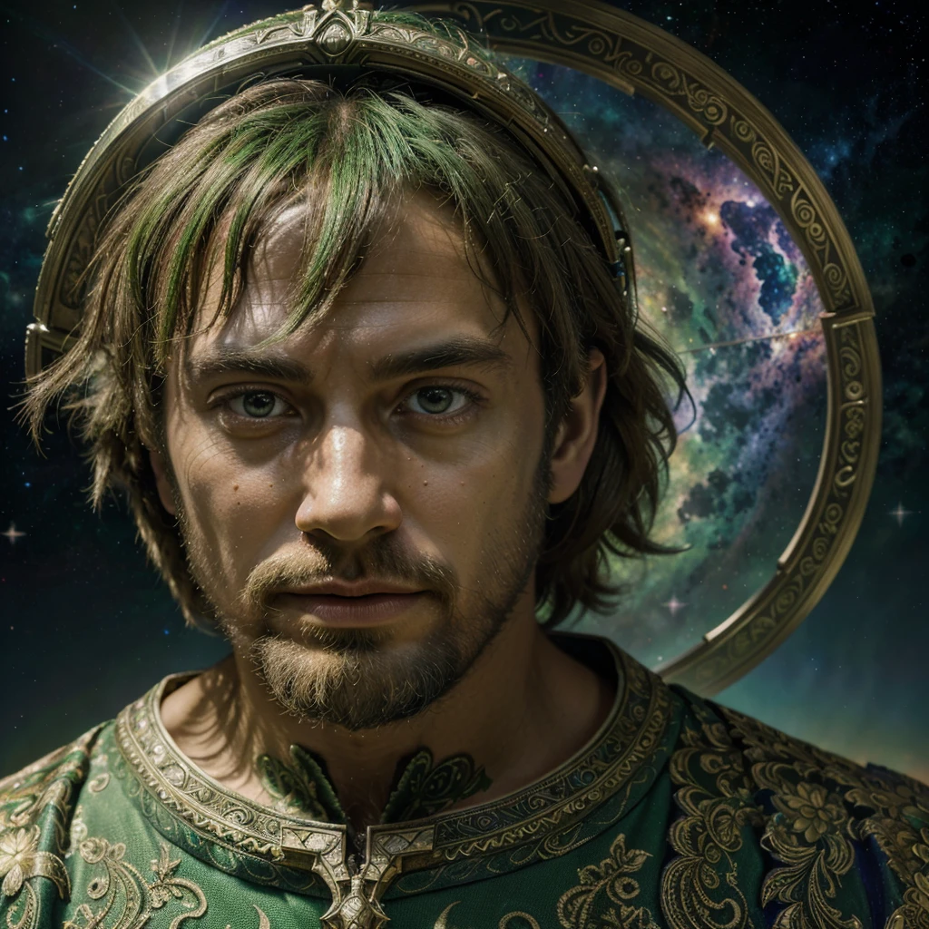 (High resolution, incredibly detailed, masterpiece), portrait of gaelic greenman, featuring fractal geometry in (vibrant colors:0.8), set against a (galactic background:1.2), bringing together complex, mesmerizing shapes and patterns,dmt ,fractal art,holy light.