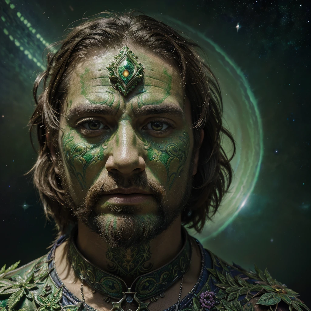(High resolution, incredibly detailed, masterpiece), portrait of gaelic greenman, featuring fractal geometry in (vibrant colors:0.8), set against a (galactic background:1.2), bringing together complex, mesmerizing shapes and patterns,dmt ,fractal art,holy light.
