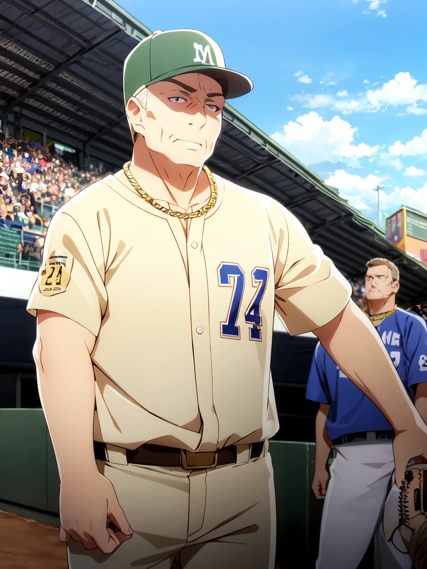 (Ultra-high resolution), (masterpiece), (Attention to detail), (high quality), (最high quality), One Man, (Cowboy Shot), (houjouteppei), middle-aged man, old man, blonde hair, black eyes, cleft chin, Gold Necklace, Baseball hats, muscle, baseballplayer, (Baseball Uniforms), Stadium, audience, blue sky, Baseball Glove