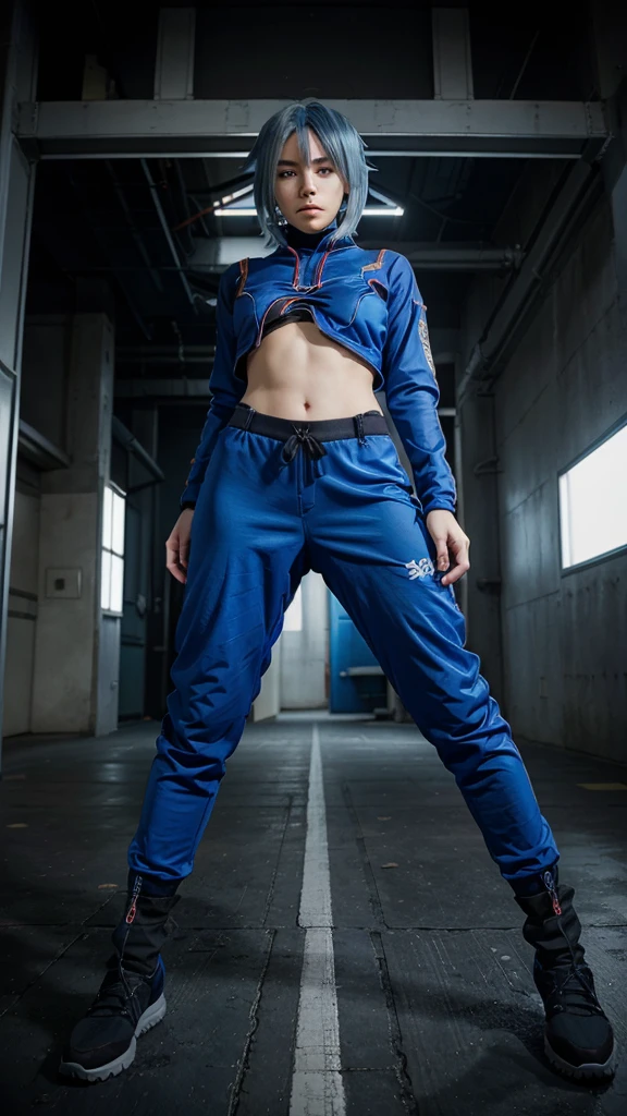((1 woman)), Alone, looking at the viewer, anime type blue hair, ((a giant anime type ninja suit)),((big anime type pants)),a legendary ninja, low but intense blue eyes, (whole body), Gray background, realist, dioknigsreuter