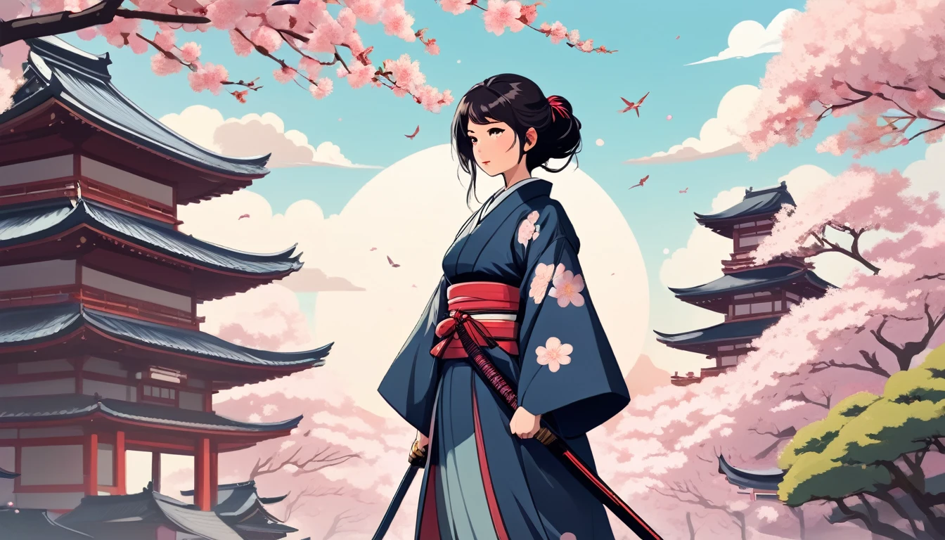 Female samurai,Background is cherry blossoms and a Japanese temple、 Wide-angle lens, Lofi Anime, Lofi illustration, Aesthetic atmosphere, Lo-Fi Style, Vector art, Flat Design, Simple shape, Warm tones, Pleasant atmosphere, Chill, In anime style, Digital drawing, Vector art, Vector logo for t-shirt printing, (Adorable:1.5), (small:1.4), (Playful:1.2), (soft:1.3), (Whimsical:1.1), masterpiece, Highest quality, 8K, Intricate details, grow, Celestial, Mysterious, Picturesque, amazing, Majestic, Magic, Fantasy art, Cover art, dream-like