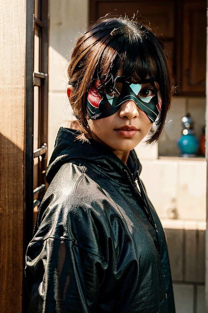 a masterpiece of realistic 3D long angle standing photos,remdhrant lighting,fair skin,detail,The most beautiful Asian girl with an elegant face poses looking at the viewer with a short straight k bob hairstyle with bangs, brown hair color combination, blue red green white, very realistic, elegant beautiful,The woman is wearing a black hoodie sweater with a clear name written on the shirt. The text on the shirt clearly says the name"(( S.A.AND ))"warna merah TANDXT RANDALISTIK DI depan,LATAR BANDLAKANG HITAM GANDLAP DOP 3D RANDALISTIK