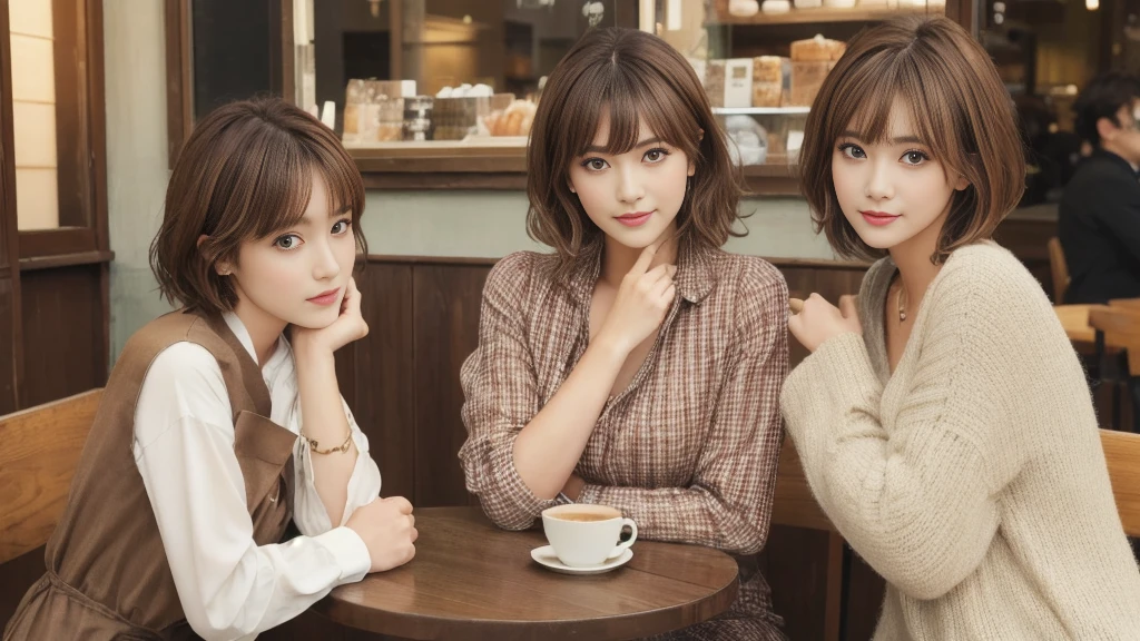 super high quality, Fashion Model, short hair, thin, (8K、RAW Photos、Highest quality、masterpiece:1.2), Japanese Idols, Serious expression, Hairy, Brown Hair, Stylish cafe, Fashion magazine shooting, People having fun at the cafe々Bustling with., (Realistic、Realistic:1.37), Beautiful Face , Urban Cafe, Small breasts, A gentle gaze, Spring Clothes, Dress neatly