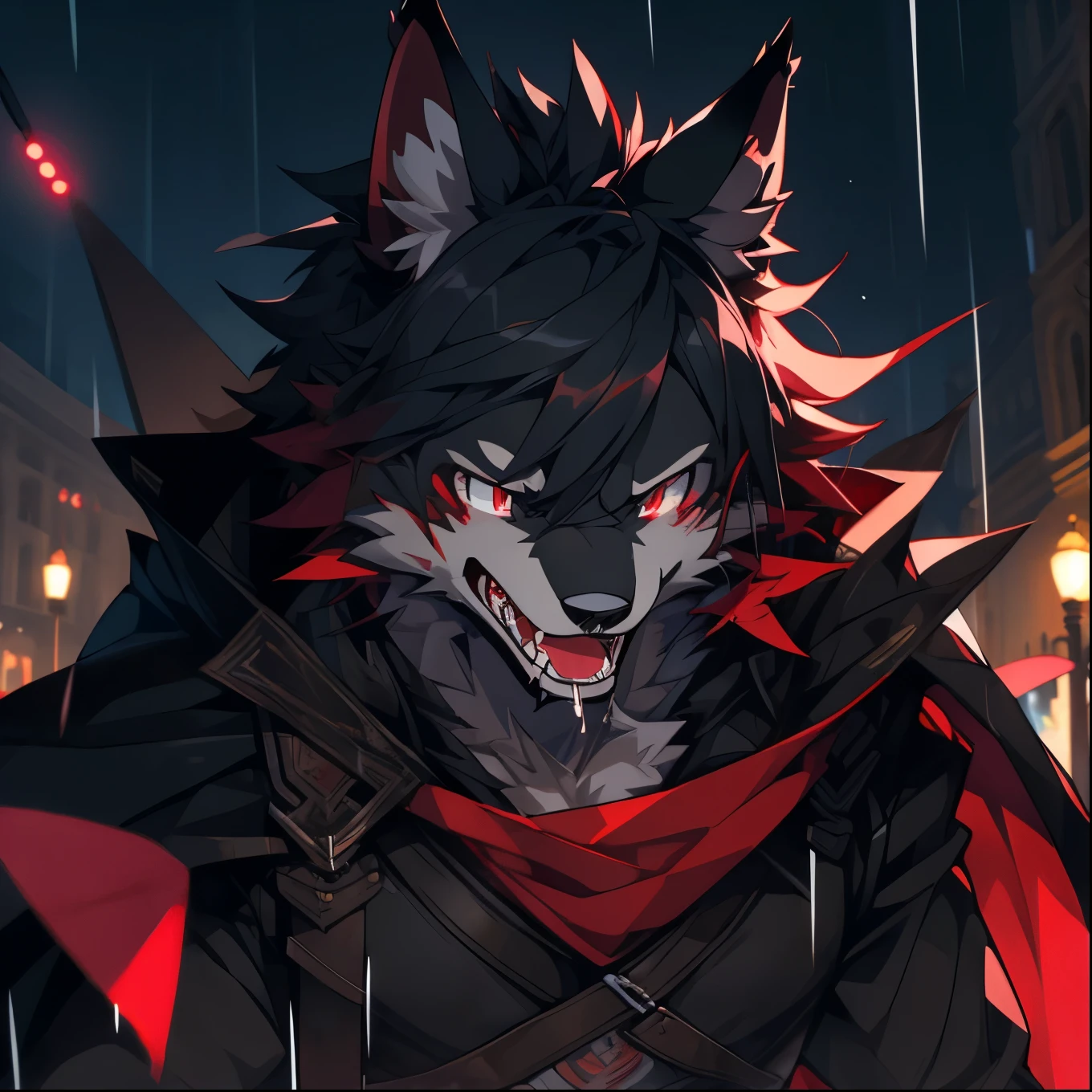 fangs,dying,panting,open mouth,saliva,mad,manic,red eyes,crazy,Outside the Royal Palace,Outdoor panorama,boy,Male focus,furry,dark Eyes,A black wolf in the battlefield of armor,masterpiece,cape,Surrounded by lights,Serious,sad,fantasy,Yandere,Yandere,Yandere,Yandere,Yandere,Yandere,crazy,((best quality)), ((masterpiece)), (detailed),only male,male focus,bara,perfect face,solo,kemono,night,rainy,thunder,black fur,anthro black wolf,yandere,blood,pupil dilation,a dull gaze,Yandere, were stained red with blood,stabbed by a knife was bleeding all over,bled a lot,crazy,guro