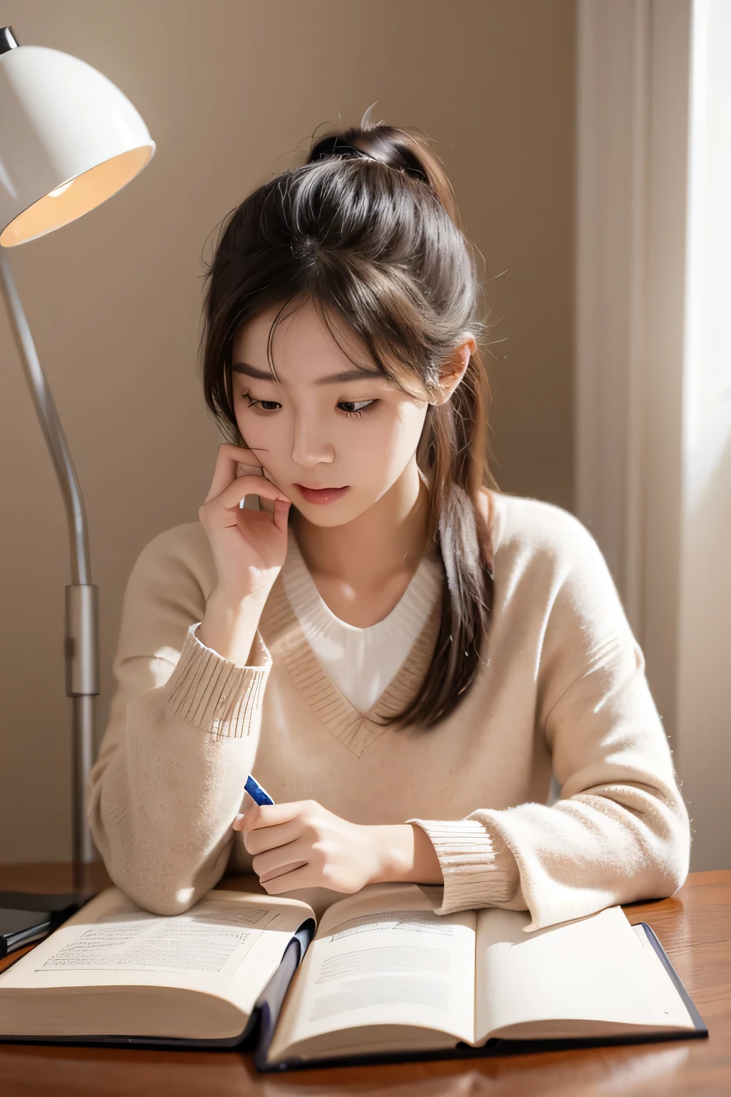 "A Korean girl is sitting at her desk, deeply engrossed in her studies. Her textbooks and notebooks are neatly arranged in front of her, and she is carefully writing notes with a pen. The desk lamp casts a warm light over her workspace, highlighting the focused expression on her face. She is wearing a and has her hair tied back, emphasizing her dedication and concentration on her studies."