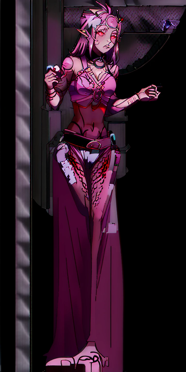((1woman)) whole body, standing, gray skin, drow, elf, 1 girl, maduro, purple eyes, by white, black bikini, ABS, Large knockers, tattered rags, chain collar, stomach tattoo (red tattoo)